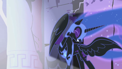 Size: 1280x720 | Tagged: safe, screencap, character:nightmare moon, character:princess luna, species:pony, episode:friendship is magic, g4, my little pony: friendship is magic, castle of the royal pony sisters, eyes closed, hiding behind wing