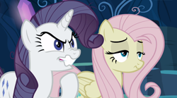 Size: 1666x924 | Tagged: safe, screencap, character:fluttershy, character:mean fluttershy, character:mean rarity, species:pegasus, species:pony, species:unicorn, episode:the mean 6, g4, my little pony: friendship is magic, clone, deranged, duo, evil grin, female, greedity, grin, lidded eyes, mare, smiling, wavy mouth