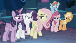 Size: 1670x940 | Tagged: safe, screencap, character:fluttershy, character:mean applejack, character:mean fluttershy, character:mean pinkie pie, character:mean rainbow dash, character:mean rarity, character:mean twilight sparkle, character:rainbow dash, species:alicorn, species:earth pony, species:pegasus, species:pony, species:unicorn, episode:the mean 6, g4, my little pony: friendship is magic, clone, clone six, female, lidded eyes, mare, raised hoof, smiling, smirk