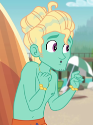 Size: 780x1044 | Tagged: safe, screencap, character:zephyr breeze, episode:blue crushed (a.k.a baewatch), g4, my little pony:equestria girls, arms, bare arms, clothing, cropped, gladys, jewelry, male, necklace, partial nudity, solo, surfboard, swimming trunks, topless, zephyr's necklace