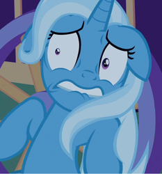 Size: 670x720 | Tagged: safe, screencap, character:trixie, species:pony, episode:to where and back again, g4, my little pony: friendship is magic, do not want, floppy ears, scared, shrunken pupils, solo, trixie's wagon, wheel, wide eyes
