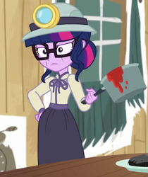 Size: 605x720 | Tagged: safe, screencap, character:twilight sparkle, character:twilight sparkle (scitwi), species:eqg human, episode:opening night, g4, my little pony:equestria girls, clothing, costume, cropped, cyoa, female, glasses, misleading thumbnail, pot, sci-twi is not amused, twilight is not amused, unamused