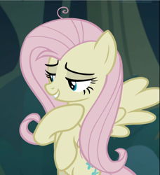 Size: 855x939 | Tagged: safe, screencap, character:fluttershy, character:mean fluttershy, species:pegasus, species:pony, episode:the mean 6, g4, my little pony: friendship is magic, clone, female, flying, hoof on chest, lidded eyes, looking at something, looking away, looking down, mare, mocking, smiling, solo, spread wings, stray strand, three quarter view, wings