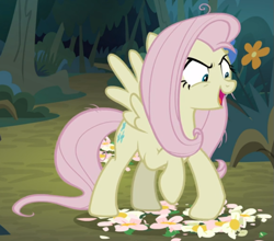 Size: 751x661 | Tagged: safe, screencap, character:fluttershy, character:mean fluttershy, species:pony, episode:the mean 6, g4, my little pony: friendship is magic, clone, cropped, cruel, evil laugh, female, flower, stomping, trampling