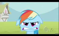 Size: 500x312 | Tagged: safe, screencap, character:rainbow dash, episode:the mysterious mare do well, g4, my little pony: friendship is magic, all new, angry, floppy ears, hub logo, ponyville, solo, text
