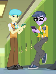Size: 559x741 | Tagged: safe, screencap, character:bright idea, character:microchips, episode:overpowered, g4, my little pony:equestria girls, background human, bright idea, cellphone, clothing, glasses, lockers, male, pants, phone, shoes, smartphone, sneakers, texting