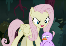 Size: 1345x941 | Tagged: safe, screencap, character:fluttershy, character:mean fluttershy, species:bird, species:pony, episode:the mean 6, g4, my little pony: friendship is magic, clone, cropped, evil grin, female, flutterbitch, grin, open mouth, sinister, smiling