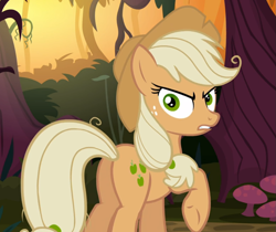 Size: 1013x850 | Tagged: safe, screencap, character:mean applejack, species:pony, episode:the mean 6, g4, my little pony: friendship is magic, clone, cropped, everfree forest, female, glare, raised hoof, solo, underhoof