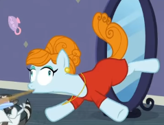Size: 239x182 | Tagged: safe, screencap, character:joan pommelway, species:earth pony, species:pony, episode:fake it 'til you make it, clothing, cropped, cup, ear piercing, earring, eyeshadow, female, food, jewelry, makeup, mare, mirror, necklace, piercing, shrunken pupils, solo, spit take, tea, teacup, underhoof