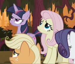 Size: 619x532 | Tagged: safe, screencap, character:fluttershy, character:mean applejack, character:mean fluttershy, character:mean rarity, character:mean twilight sparkle, species:pony, episode:the mean 6, g4, my little pony: friendship is magic, clone, cropped, evil grin, female, grin, smiling