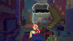 Size: 1920x1080 | Tagged: safe, screencap, character:sunset shimmer, equestria girls:forgotten friendship, g4, my little pony:equestria girls, amplifier, animation error, armchair, book, boots, clock, closet, clothing, computer, desk, diary, door, drink, guitar, jacket, lights, mirror, plants, room, screen, shoes, skirt, string lights, sunset's apartment, video game, writing
