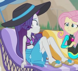 Size: 872x787 | Tagged: safe, screencap, character:fluttershy, character:rarity, my little pony:equestria girls, aww... baby turtles, beach chair, belly button, bikini, bikini top, clothing, flip-flops, hat, sandals, sun hat, swimsuit, wetsuit