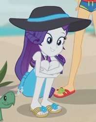 Size: 1658x2100 | Tagged: safe, screencap, character:applejack, character:rarity, character:tank, my little pony:equestria girls, aww... baby turtles, beach, clothing, cute, dawwww, feet, flip-flops, hat, hnnng, raribetes, sandals, sarong, sun hat, sweet dreams fuel, swimsuit, turtle