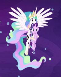 Size: 720x899 | Tagged: safe, screencap, character:princess celestia, character:starlight glimmer, species:alicorn, species:pony, species:unicorn, episode:a royal problem, g4, my little pony: friendship is magic, cropped, dream, dream realm, ethereal mane, female, floppy ears, flowing mane, holding a pony, luna's cutie mark, mare, momlestia fuel, sad