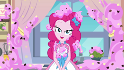 Size: 1920x1080 | Tagged: safe, screencap, character:pinkie pie, episode:the craft of cookies, g4, my little pony:equestria girls, apron, bedroom eyes, clothing, cute, diapinkes, dress, food, frosting, geode of sugar bombs, kitchen, lidded eyes, looking at you, magical geodes, solo