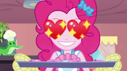 Size: 1920x1080 | Tagged: safe, screencap, character:pinkie pie, episode:the craft of cookies, g4, my little pony:equestria girls, baking, baking sheet, cookie, cute, diapinkes, food, heart eyes, oven mitts, smiling, wingding eyes