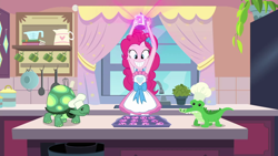 Size: 1920x1080 | Tagged: safe, screencap, character:gummy, character:pinkie pie, character:tank, episode:the craft of cookies, g4, my little pony:equestria girls, apron, baking, baking sheet, clothing, cookie, food, kitchen, smiling, sprinkles, this will end in explosions, tortoise