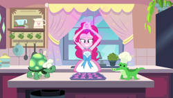 Size: 1280x720 | Tagged: safe, screencap, character:gummy, character:pinkie pie, character:tank, episode:the craft of cookies, g4, my little pony:equestria girls, apron, baking, baking sheet, chef's hat, clothing, cookie, food, hat, kitchen, smiling, sprinkles, this will end in explosions, tortoise