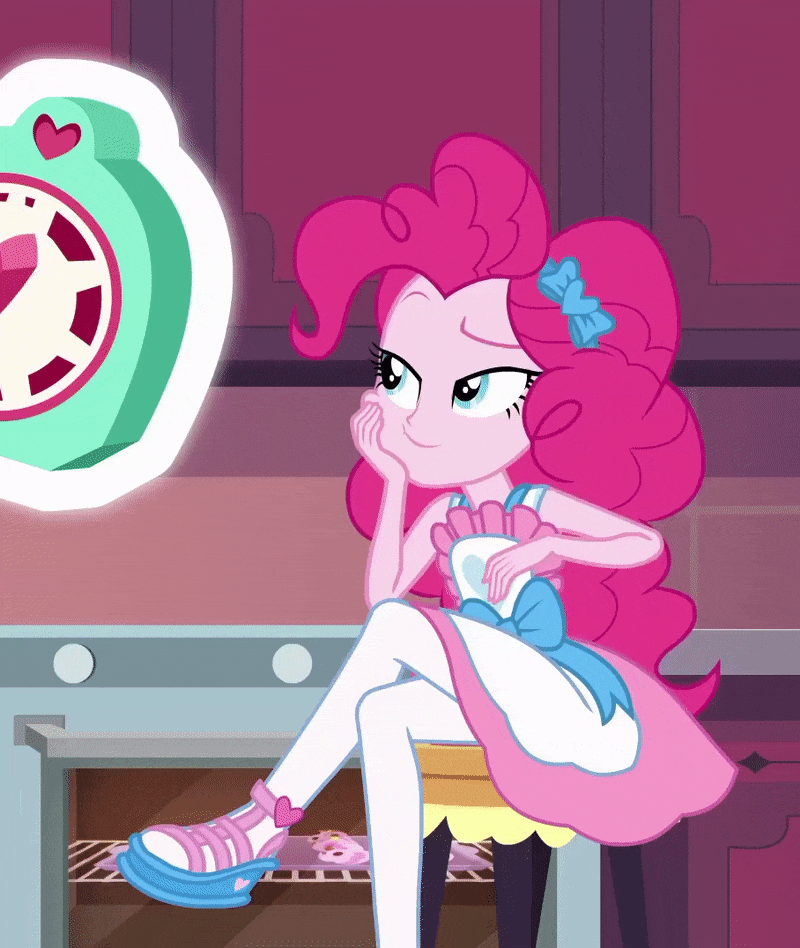 Size: 800x948 | Tagged: safe, screencap, character:pinkie pie, episode:the craft of cookies, g4, my little pony:equestria girls, animated, apron, cartoon physics, clothing, cookie, cropped, cupcake, cute, diapinkes, food, gif, hammerspace, hammerspace hair, kitchen, legs, oven, pinkie being pinkie, pinkie's kitchen, pinkie's magic hair, solo, timer