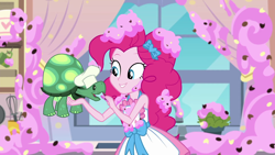 Size: 1920x1080 | Tagged: safe, screencap, character:pinkie pie, character:tank, episode:the craft of cookies, g4, my little pony:equestria girls, apron, clothing, dress, food, frosting, geode of sugar bombs, kitchen, magical geodes, solo, tortoise