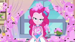 Size: 1920x1080 | Tagged: safe, screencap, character:pinkie pie, episode:the craft of cookies, g4, my little pony:equestria girls, animation error, apron, bedroom eyes, clothing, cute, diapinkes, dress, food, frosting, geode of sugar bombs, kitchen, lidded eyes, magical geodes, solo