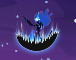 Size: 723x570 | Tagged: safe, screencap, character:nightmare moon, character:princess luna, species:alicorn, species:pony, episode:a royal problem, g4, my little pony: friendship is magic, cropped, darkness, female, flying, glowing eyes, glowing horn, hooves to the chest, magic, magic aura