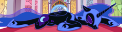 Size: 1669x439 | Tagged: safe, screencap, character:nightmare moon, character:princess luna, species:alicorn, species:pony, episode:a royal problem, g4, my little pony: friendship is magic, cropped, eyes closed, female, lying down, offscreen character, prone, unconscious
