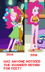 Size: 518x820 | Tagged: safe, screencap, character:pinkie pie, episode:shake your tail, episode:the salty sails, g4, my little pony:equestria girls, clothing, comparison, feet, flip-flops, flower, grass skirt, hulapie, lifejacket, sandals, skirt, swimsuit, text