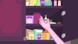Size: 1280x720 | Tagged: safe, screencap, character:pinkie pie, episode:the craft of cookies, g4, my little pony:equestria girls, cake mix, cupboard, cupcake, food, ingredients, kitchen, vanilla, vanilla extract