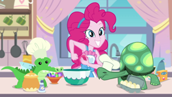 Size: 1280x720 | Tagged: safe, screencap, character:gummy, character:pinkie pie, character:tank, episode:the craft of cookies, g4, my little pony:equestria girls, cute, diapinkes, egg (food), food, gemstones, kitchen, looking at you