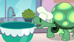 Size: 1280x720 | Tagged: safe, screencap, character:tank, episode:the craft of cookies, g4, my little pony:equestria girls, bowl, chef's hat, clothing, hat, plant, sink, solo, tortoise, window
