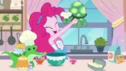 Size: 1280x720 | Tagged: safe, screencap, character:gummy, character:pinkie pie, character:tank, episode:the craft of cookies, g4, my little pony:equestria girls, apron, bowl, chef's hat, clothing, cute, diapinkes, egg (food), food, happy, hat, kitchen, mixing bowl, smiling, tortoise, window