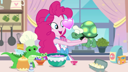 Size: 1280x720 | Tagged: safe, screencap, character:gummy, character:pinkie pie, character:tank, episode:the craft of cookies, g4, my little pony:equestria girls, chef's hat, clothing, egg (food), floating heart, food, hat, heart, kitchen