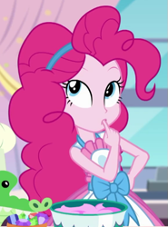 Size: 387x524 | Tagged: safe, screencap, character:gummy, character:pinkie pie, episode:the craft of cookies, g4, my little pony:equestria girls, apron, clothing, cropped, cute, diapinkes, female, finger in mouth, kitchen