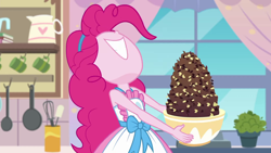 Size: 1920x1080 | Tagged: safe, screencap, character:pinkie pie, episode:the craft of cookies, g4, my little pony:equestria girls, apron, bowl, chocolate, clothing, curtains, cute, diapinkes, female, food, grin, kitchen, plant, smiling, window