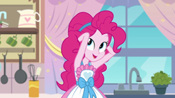 Size: 1920x1080 | Tagged: safe, screencap, character:pinkie pie, episode:the craft of cookies, g4, my little pony:equestria girls, apron, armpits, clothing, curtains, cute, diapinkes, female, happy, kitchen, pinkie's kitchen, pinkie's magic hair, raised arms, smiling, window