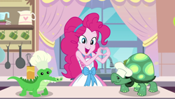Size: 1920x1080 | Tagged: safe, screencap, character:gummy, character:pinkie pie, character:tank, episode:the craft of cookies, g4, my little pony:equestria girls, apron, clothing, cute, diapinkes, happy, heart hands, kitchen, smiling