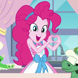 Size: 868x868 | Tagged: safe, screencap, character:gummy, character:pinkie pie, character:tank, episode:the craft of cookies, g4, my little pony:equestria girls, apron, chef's hat, clothing, cropped, cute, diapinkes, happy, hat, heart hands, kitchen, looking at you, open mouth, smiling, solo, tortoise