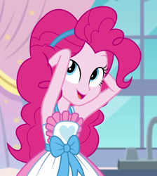 Size: 896x999 | Tagged: safe, screencap, character:pinkie pie, episode:the craft of cookies, g4, my little pony:equestria girls, apron, arm behind head, armpits, arms, clothing, cropped, cute, diapinkes, female, happy, kitchen, pinkie's magic hair, smiling