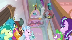 Size: 1920x1080 | Tagged: safe, screencap, character:discord, character:gallus, character:ocellus, character:sandbar, character:silverstream, character:smolder, character:spike, character:starlight glimmer, character:yona, species:changedling, episode:a matter of principals, g4, my little pony: friendship is magic, amulet, amulet of aurora, clover the clever's cloak, crown, crown of grover, ghost, ghost discord, helm of yickslur, helmet, jewelry, knuckerbocker's shell, regalia, shell, student six, talisman of mirage
