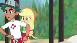 Size: 1920x1080 | Tagged: safe, screencap, character:applejack, character:timber spruce, episode:turf war, g4, my little pony:equestria girls, applejack's hat, arms, cap, clothing, cowboy hat, female, hat, lifeguard, lifeguard applejack, lifeguard timber, male, shorts