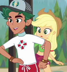 Size: 995x1080 | Tagged: safe, screencap, character:applejack, character:timber spruce, episode:turf war, g4, my little pony:equestria girls, applejack's hat, arms, cap, clothing, cowboy hat, cropped, female, hat, lifeguard, lifeguard applejack, lifeguard timber, male, shorts