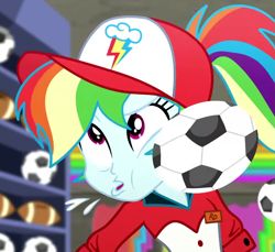 Size: 969x889 | Tagged: safe, screencap, character:rainbow dash, episode:epic fails, eqg summertime shorts, g4, my little pony:equestria girls, american football, cropped, derp, drool, football, ouch, sports