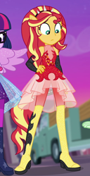 Size: 454x884 | Tagged: safe, screencap, character:sunset shimmer, character:twilight sparkle, character:twilight sparkle (scitwi), character:wallflower blush, species:eqg human, equestria girls:forgotten friendship, g4, my little pony:equestria girls, animation error, boots, cropped, female, legs, ponied up, scitwilicorn, shoes, sleeveless, super ponied up