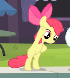 Size: 383x428 | Tagged: safe, screencap, character:apple bloom, species:earth pony, species:pony, episode:leap of faith, g4, my little pony: friendship is magic, bipedal, bow, cropped, female, filly, foal, hair bow, hooves on hips, human pose, raised hoof, smiling, solo, stretching