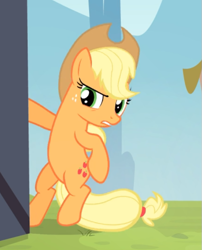 Size: 565x698 | Tagged: safe, screencap, character:applejack, species:earth pony, species:pony, episode:leap of faith, g4, my little pony: friendship is magic, applejack's hat, bipedal, clothing, cowboy hat, cropped, female, hat, mare, solo