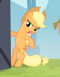 Size: 613x787 | Tagged: safe, screencap, character:applejack, species:earth pony, species:pony, episode:leap of faith, g4, my little pony: friendship is magic, bipedal, cropped, female, freckles, mare, open mouth, raised hoof, solo