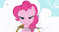 Size: 852x472 | Tagged: safe, screencap, character:gilda, character:pinkie pie, species:earth pony, species:griffon, species:pony, episode:griffon the brush-off, duo, duo female, female, mare, youtube caption