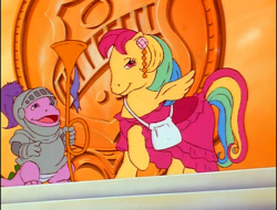 Size: 710x539 | Tagged: safe, screencap, character:skydancer, character:spike (g1), episode:escape from catrina, g1, my little pony 'n friends, armor, clothing, dress, dressed like a dream, ear piercing, earring, handbag, jewelry, lidded eyes, looking at you, musical instrument, piercing, smiling, staircase, stairs, trumpet