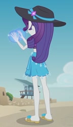 Size: 1208x2100 | Tagged: safe, screencap, character:rarity, my little pony:equestria girls, aww... baby turtles, beach, clothing, cropped, flip-flops, geode of shielding, hat, legs, levitation, magic, magical geodes, sand, sandals, sarong, solo, sun hat, swimsuit, telekinesis